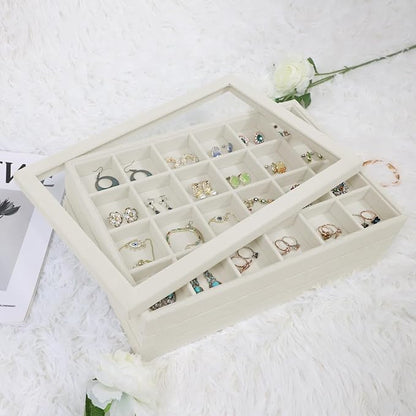 Wudygirl Jewelry Organizer Set of 4 Jewelry Box Velvet Jewelry Tray Jewelry Drawer Organizer Inserts Bracelet Necklace Organizer Ring Holder with Clear Lid for Women Girls Stackable (Beige)
