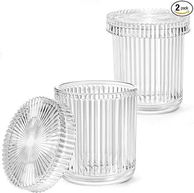 SheeChung 2-Pack Ribbed Glass Apothecary Jars - Clear Qtip Holder Dispenser Set - Vintage Bathroom Vanity Organizer for Cotton Swabs, Balls, Pads, Floss Picks - Modern Farmhouse Decor