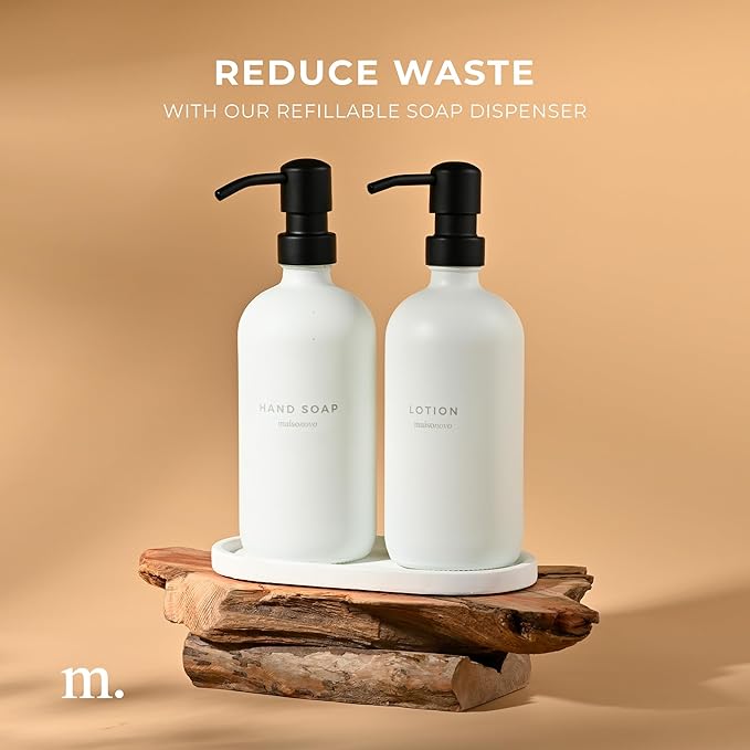 MaisoNovo Soap Dispenser 3-Piece Set | 16.9oz White Bottles with Black Stainless Steel Pump Core