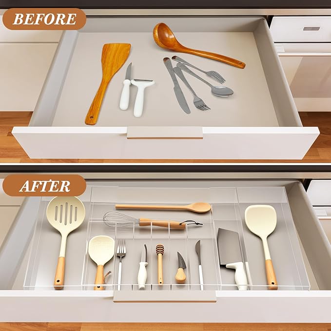 1 Pack Expandable Kitchen Drawer Organizer Clear Acrylic Utensil Organizer Adjustable Acrylic Silverware Storage for Drawers Silverware Flatware Knives (18.5 x 17.4 Inches,9-11 Compartments)
