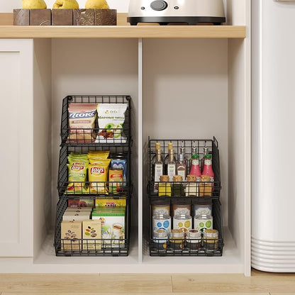 X-cosrack 3-Tier Stackable Wire Baskets for Pantry Organization and Storage, Kitchen Counter Basket for Potato Onion Storage, Fruit and Vegetable Storage Basket, Metal Baskets for Snack Produce Cans