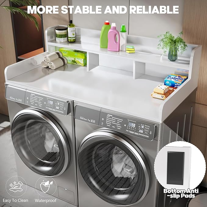 Washer Dryer Countertop, Laundry Wood Shelf Topper with Edge, 2-Tier Laundry Countertop, for Washer and Dryer Laundry Hamper Counter Storage Organization (White)