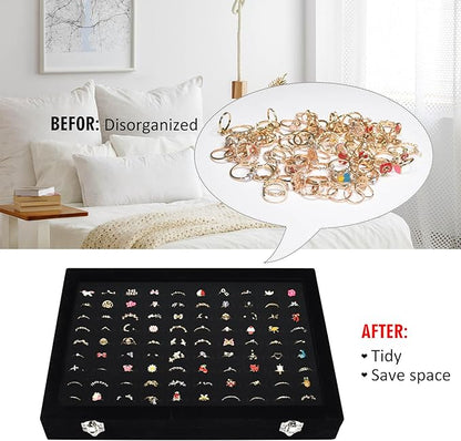 Rings Organizer Tray 100 Slot Velvet Ring Earring Storage Box TranSparent Cover Jewelry Store Ring Display Box Jewelry Display Cabinet for Girl Wife Mother