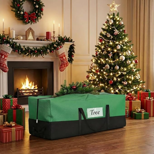 Christmas Tree Storage Bag, Fits Up 10-12 Ft Tall Artificial Trees-Heavy Duty Holiday Storage Box with Durable Reinforced Handles & Transparent Pocket- 600D Oxford Tree Storage Container, Green