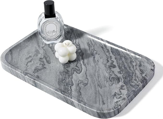 Koville Marble Tray, 12"x8" Natural Marble Vanity Tray for Countertop Bathroom Kitchen Dresser, Decorative Marble Catchall Trays for Perfume Jewelry(Grey)