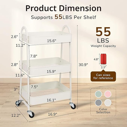 Rolling Storage Cart, 3 Tier Shelf Utility Carts Snack White Craft Carts with Mesh Baskets Bathroom Storage Cart with Wheels for Office, Classroom, Kitchen, 16.9x12.2x30.9 Inch