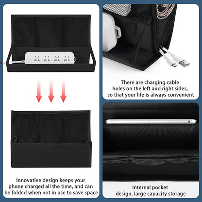 Retyion Bedside Storage Organizer with Power Strip Holder and Adjustable Straps Bed Hanging Bag for Home Bunk Bed Dorm Sofa (Black)