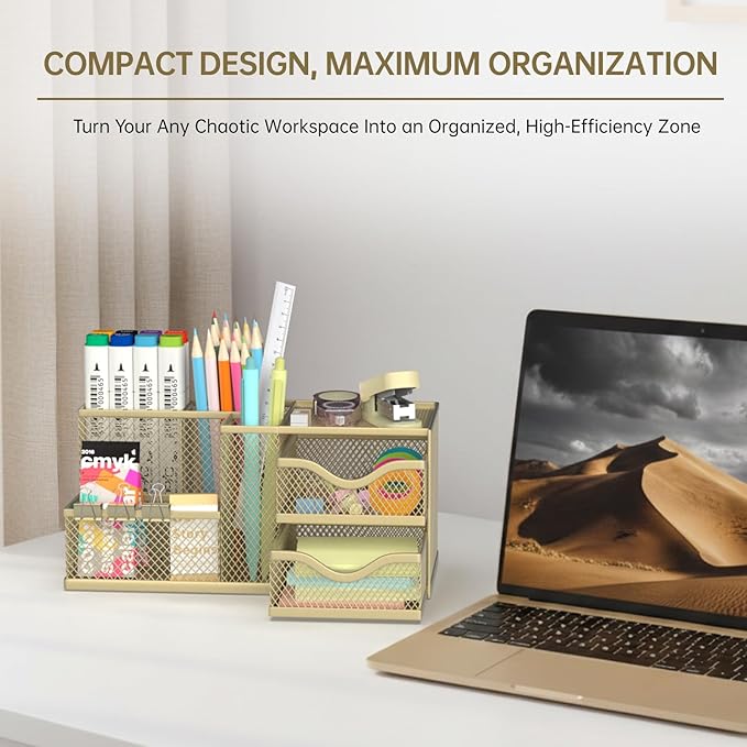 Mesh Desk Organizer, Pen Organizer with 2 Drawers and 5 Compartments, Versatile Pen Holder for Small Space, Desk Organizers and Accessories for School Office Supplies, Gold