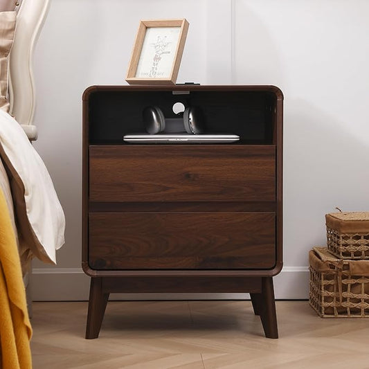GlowVitaHome Nightstand, Wood Bedside Table with 2 Drawers and Open Storage Shelf, Accent End Table with Solid Wood Legs for Bedroom,Walnut
