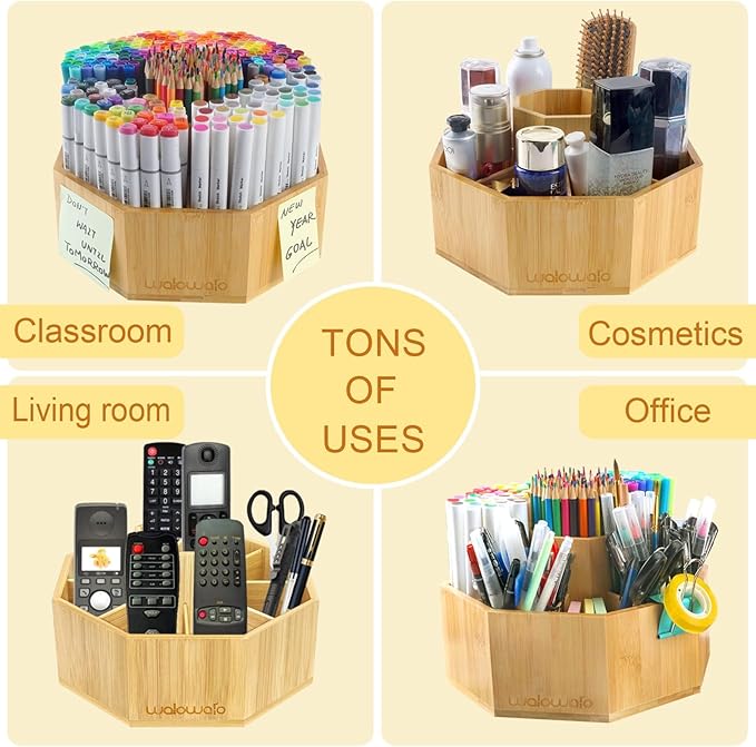 walowalo Bamboo Rotating Art Supply Organizer Holds 800+ Pencils Spinning Crayon 160 Marker Organzier Holder Christmas Gift Desk Brush Storage for Office Classroom Organization Stationary (Larger VER)