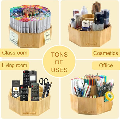 walowalo Bamboo Rotating Art Supply Organizer Holds 800+ Pencils Spinning Crayon 160 Marker Organzier Holder Christmas Gift Desk Brush Storage for Office Classroom Organization Stationary (Larger VER)