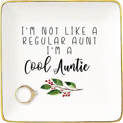Mother's Day Gift for Aunt-Aunt Gift-Aunt Birthday Gift-Christmas Gift for Auntie-Ceramic Jewelry Tray,Trinket Holder,Ring Dish-I Am Not Like a Regular Aunt I Am A Cool Auntie-Best Aunt Ever