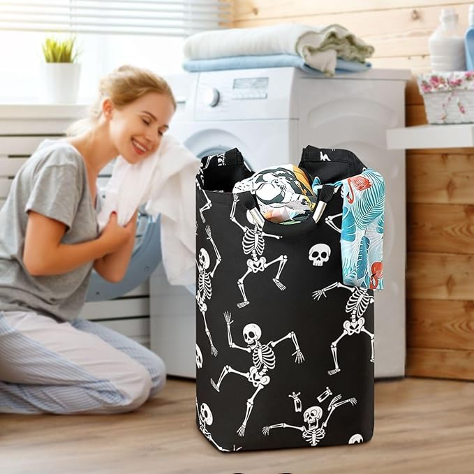 Laundry Hamper Basket Halloween Skulls Black Storage Basket Collapsible Laundry Bag with Handle Decorative Organizer Bins Basket for Laundry Room Decor Bedroom Dorm