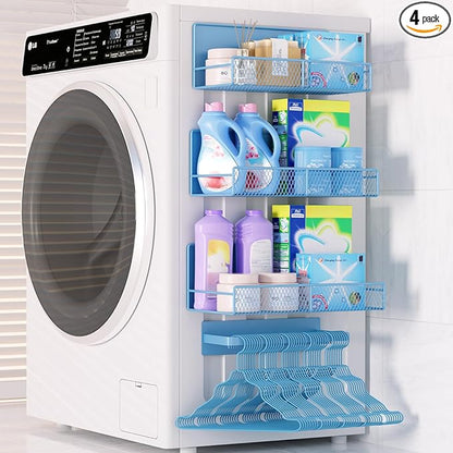 Magnetic Shelf for Washing Machine 4-Pack: Widen Magnetic Laundry Organizer (5"-6") with Hanger Organizer, Strong Magnet, Rust Proof, Heavy Duty Magnetic Spice Rack for Refrigerator (Blue)