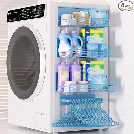 Magnetic Shelf for Washing Machine 4-Pack: Widen Magnetic Laundry Organizer (5"-6") with Hanger Organizer, Strong Magnet, Rust Proof, Heavy Duty Magnetic Spice Rack for Refrigerator (Blue)