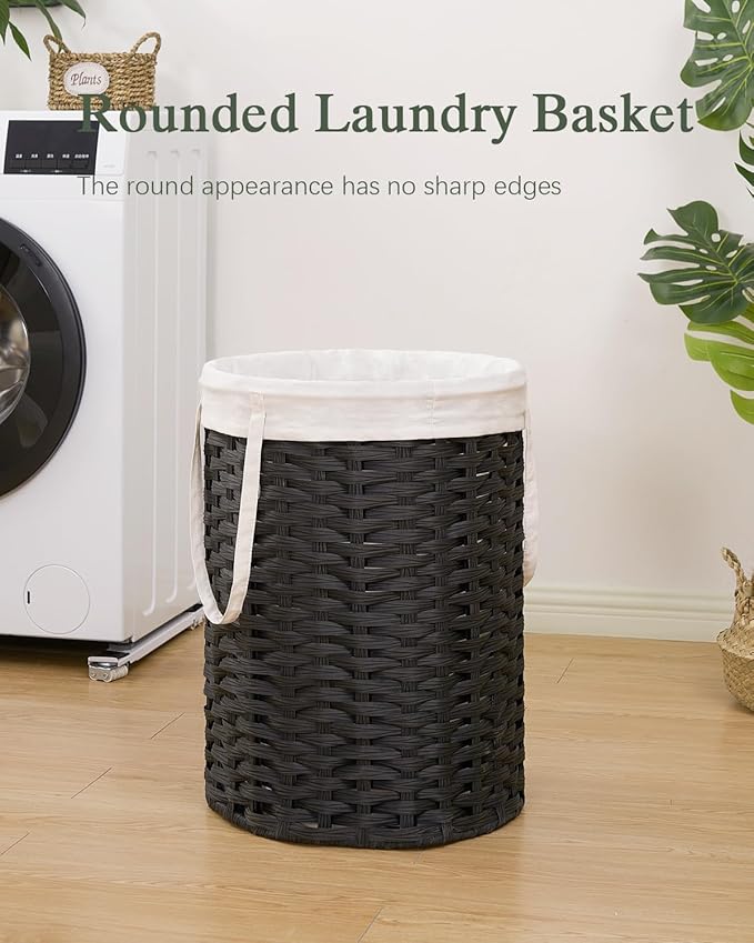 Laundry Hamper Laundry Basket Round 19.0 Gal (72 L) Handwoven Rattan Hamper, Large Wicker Laundry Hamper with Removable Laundry Bag Handles 2 Mesh Bags for Bathroom Living Room Black (No Lid)