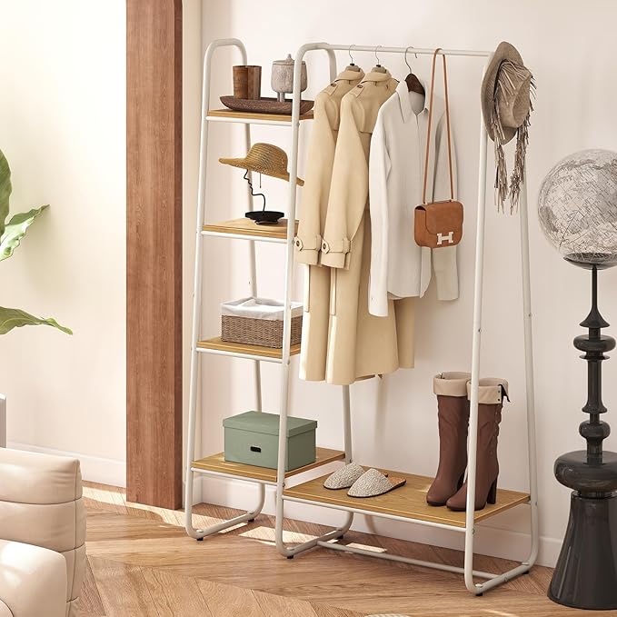 COSTWAY Clothes Rack with Shelves, Heavy Duty Garment Rack with Hanging Rod, 5-tier Shelves, Adjustable Foot Pads, Closet Organizer, Freestanding Wardrobe Clothing Racks for Hanging Clothes (White)
