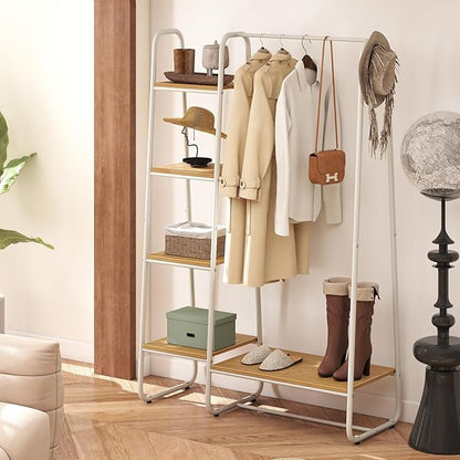 COSTWAY Clothes Rack with Shelves, Heavy Duty Garment Rack with Hanging Rod, 5-tier Shelves, Adjustable Foot Pads, Closet Organizer, Freestanding Wardrobe Clothing Racks for Hanging Clothes (White)