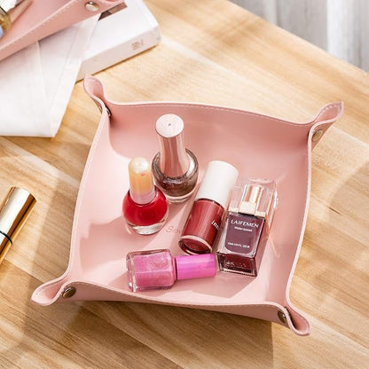 SANQIANWAN Leather Jewelry Valet Tray for Women and Man, Entryway Table Bedside Nightstand Desk Portable Small Catchall Travel Dish Plate for Key,Wallet,Watch,Phone,Coin(Pink-B)