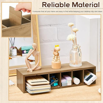 Jetec Wooden Pencil Pen Holder for Desk 6 Compartments Wood Office Desk Organizers for Countertop Adjustable Makeup Brush Organizer Silverware Caddy for Party, Home, Art Supplies(Wood Color)
