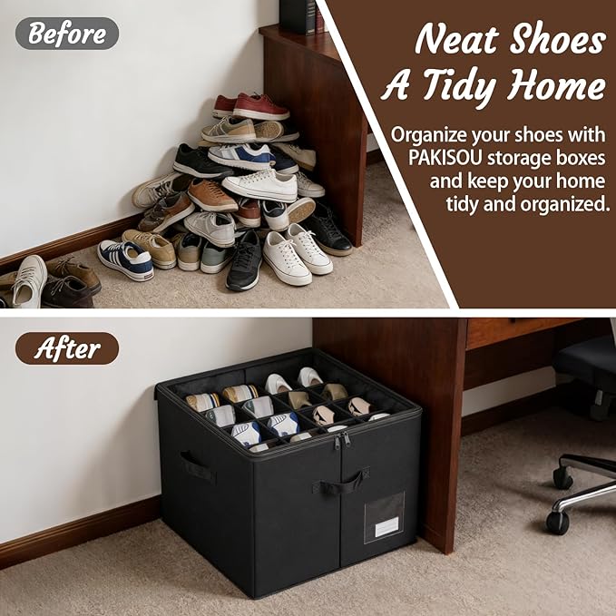 PAKISOU Shoe Storage Organizer, Fits 16 Pairs, Closet Shoe Box with Adjustable Dividers & Transparent Lid, Foldable Fabric Shoe Container with Handles for Space-Saving Shoe Storage (Black)