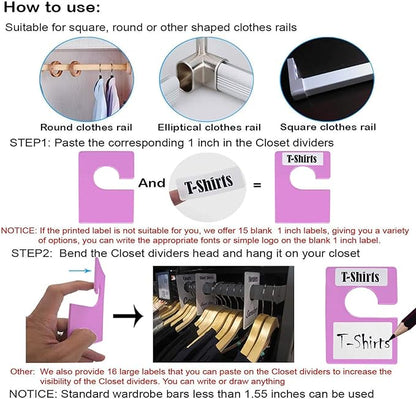 32 Pack White Clothing Rack Size Dividers Plus 75 Labels (1 Inch) and 30 Large Blank Labels, Large Rectangular Clothing Closet Dividers (Purple)