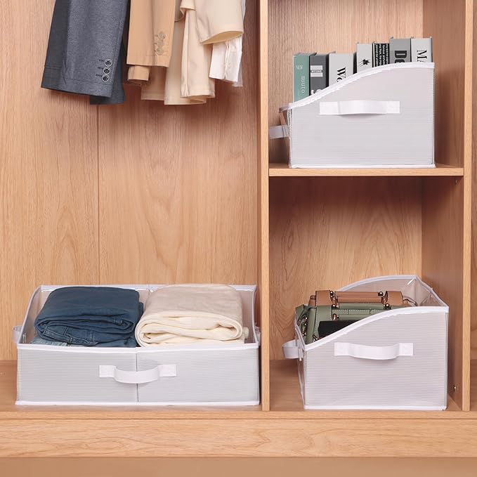 KEEGH Storage Bins for Closet Shelves Storage Basket for Shelves Waterproof Trapezoid Organizer Bin for Clothes with Handles, Beige, Set of 3