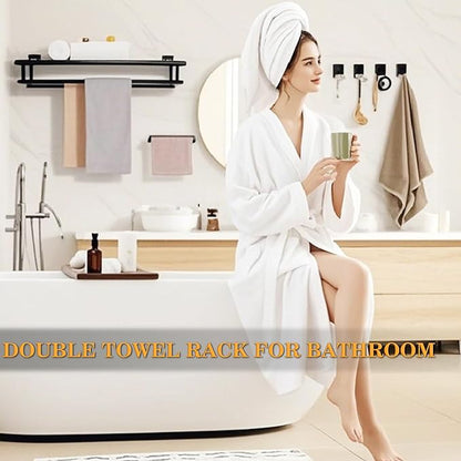 Alise Towel Rack for Bathroom Wall Mount,Bathroom Towel Holder Double Towel Bars with Shelf,16 Inch SUS304 Stainless Steel Towel Hanger for Bathroom Walls,Matte Black