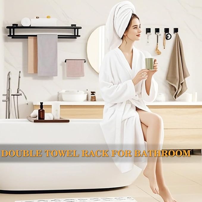 Alise Towel Rack for Bathroom Wall Mount,Double Towel Bars with Shelf,SUS304 Stainless Steel Towel Holder for Bathroom,Matte Black Towel Hanger for Bathroom,32 Inch