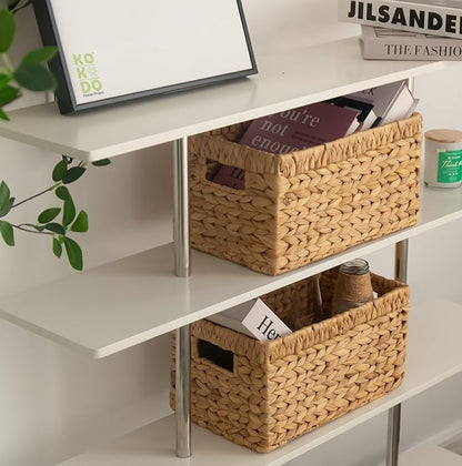 KOKODO Wicker Storage Basket, Set of 2 Handwoven Woven Baskets for Storage, Rectangular Water Hyacinth Baskets with Handles for Shelves, Closet & Home Organizing