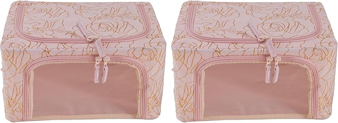 Periea Oxford Cloth Steel Frame Storage Boxes - Under-Bed or in Closet - Pack of 2 Compact Organizers (Metallic Floral Blush)