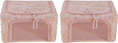 Periea Oxford Cloth Steel Frame Storage Boxes - Under-Bed or in Closet - Pack of 2 Compact Organizers (Metallic Floral Blush)