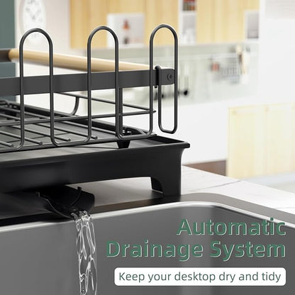 Vathingood 2 Tier Dish Drying Rack, Drying Rack with Automatic Drainboard, Dish Racks for Kitchen Counter, Rustproof Dish Drainer with Removable Utensil Holder, Cups Holder, Black