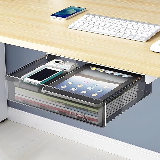 Large Under Desk Table Drawer Storage Organizer A4, Hidden Self-Adhesive Under Desk Pencil Tray Drawer for Office (Clear Black/L)