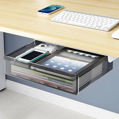 Large Under Desk Table Drawer Storage Organizer A4, Hidden Self-Adhesive Under Desk Pencil Tray Drawer for Office (Clear Black/L)