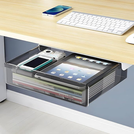 Large Under Desk Table Drawer Storage Organizer A4, Hidden Self-Adhesive Under Desk Pencil Tray Drawer for Office (Clear Black/L)