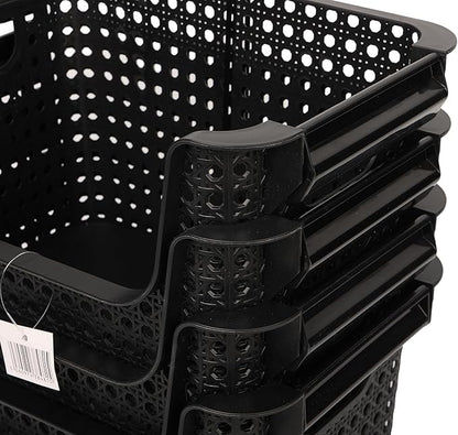Skywin TidyFriend Stackable Storage Bins for Pantry 4 Pack, Stackable Bins For Organizing Food, Kitchen, and Bathroom Essentials (Circle with Handle)(Black)