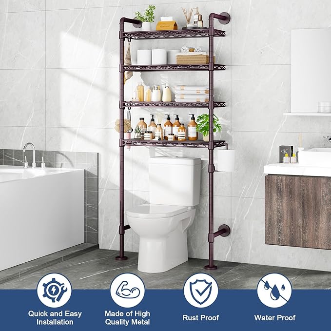 Roxibelt K3 Wall Mounted 4-Tier Over the Toilet Storage，Metal Above Toilet Storage with Paper Hook,Over Toilet Bathroom Organizer with Adjustable Shelf，Above Toilet Rack 9.7"Dx 25.6"Wx 74.3"H,Espresso