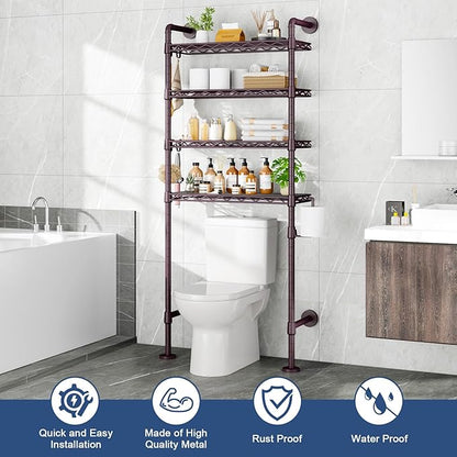 Roxibelt K3 Wall Mounted 4-Tier Over the Toilet Storage，Metal Above Toilet Storage with Paper Hook,Over Toilet Bathroom Organizer with Adjustable Shelf，Above Toilet Rack 9.7"Dx 25.6"Wx 74.3"H,Espresso