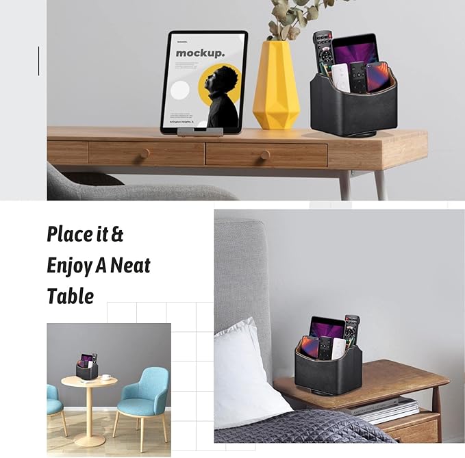 Lorteme Remote Control Holder, Spinning Desk Organizer, Nightstand Bedside Caddy for TV Remotes/Tablets/Phones/Eyeglasses/Books/Pens - Black