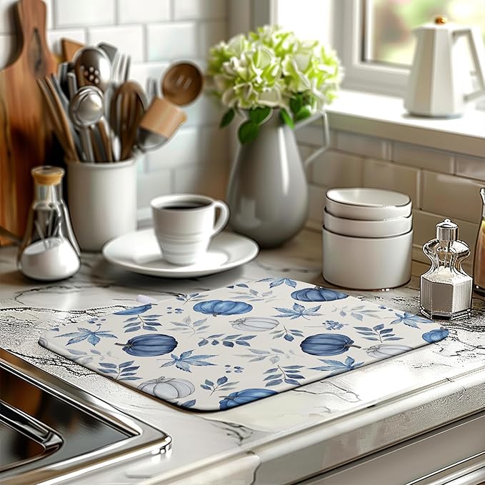 Wnoesat Fall Dish Drying Mat Blue Pumpkin Maple Leaves Drying Mats for Kitchen Counter 16x18 Inch Autumn Thanksgiving Absorbent Microfiber Dish Draining Mat Dishes Pad with Hanging Loop