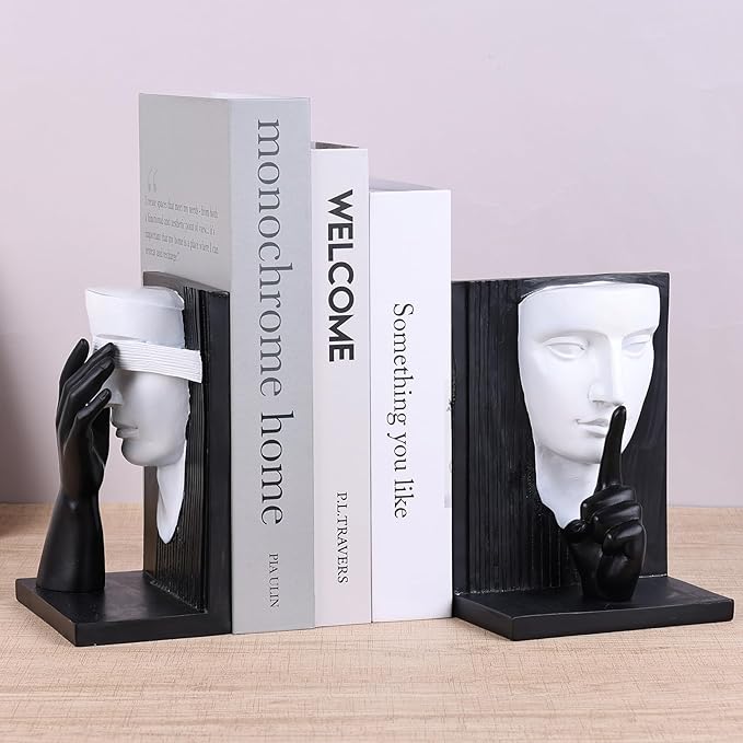 Decorative Bookends Set – Vintage Gold Face Sculptures & Modern Black & White – Resin Book Ends for Shelves, Heavy Book Stoppers, Brass-Look Bookends, Decorative for Home Office (B&W)