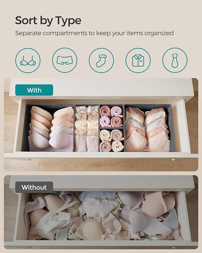 SONGMICS Drawer Organizer, Dresser Drawer Organizers, Set of 12, Foldable Fabric Storage Bins for Socks, Underwear, Bras, Ties, Scarves, Slate Gray URDZ006G03