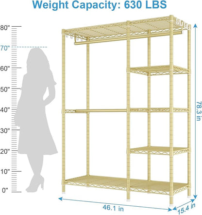 Ulif F2 Clothes Rack, 5 Tiers Heavy Duty Garment Rack for Bedroom, Freestanding Adjustable Closet Storage Organizer, 46.1" W x 15.4" D x 78.3" H, Load 630lbs, Upgraded Gold