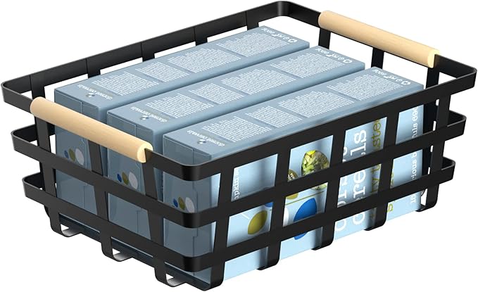 Farmhouse Baskets Wood Handle Pantry Organizer, Metal Bins for Kitchen Shelf Cabinets, Matte Black, 2 Pack