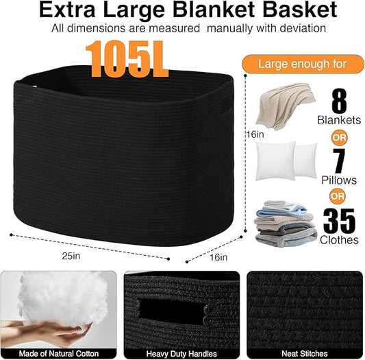 Large Black Blanket Basket, Storage Baskets for Blankets, Woven Baskets for Storage, Woven Cotton Rope Basket for Toys, Clothes, Shoes, Books, Black, 25”x16”x16” (105L)