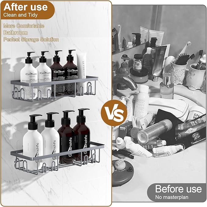 Getsrichfc 2025 New Adhesive Shower Caddy, Shower Shelves with 16 Hooks, Grey 2 Pack
