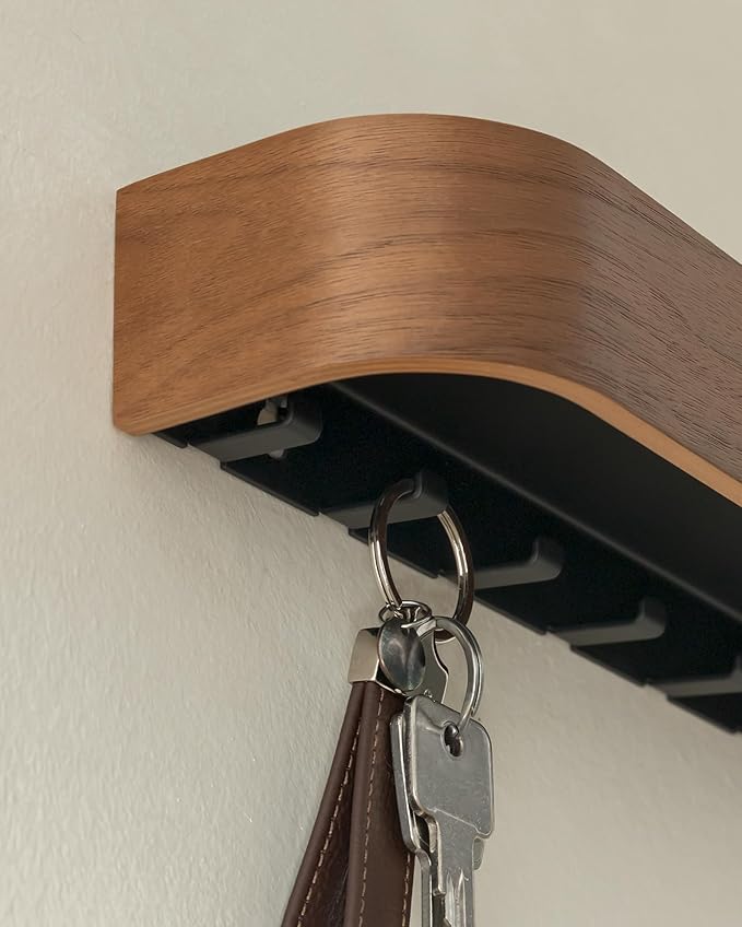 Kazai.® Key Holder 'Toke' | Minimalist Key Hook Design from Berlin | Modern Key Holder Wall Mount with Wooden Shelf | Key Rack for Wall as Entryway Organizer | Walnut