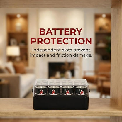 ALCYON Battery Organizer Storage Case, Battery Vault Box Container for 12pcs D Batteries, Plastic Clear Protective Battery Holder for Travelling/Home/Office, Black, Large