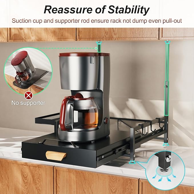 GSlife Sliding Coffee Pod Drawer for Under Cabinet - Large Metal Coffee Maker Rack with Pod Storage Drawer, 42 Pod Capacity, Black